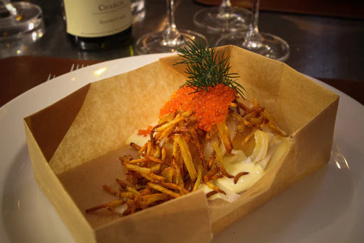 Lightly Smoked Skrei, Skimmed Norwegian Butter Sauce, Fermented Fries, Confit Leek, Trout Roe, Pickled Fennel and Dill
